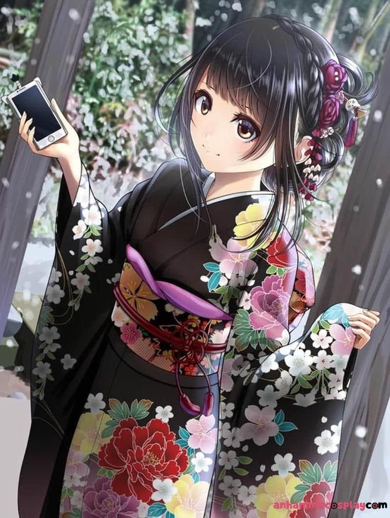 anime nữ mặc kimono phong cách Nhật Bản